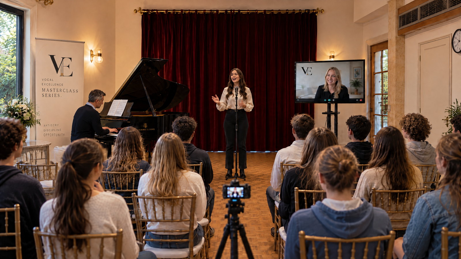 Illustration of a masterclass in the Limassol studio: a singer stands at a microphone before a red velvet curtain, a pianist plays a grand piano beside her, a Vocal Excellence Masterclass Series banner stands behind the piano, the guest coach appears live on a large screen to the right, an audience of young singers watches from rows of chairs, and a camera on a tripod carries the room to observers online.
